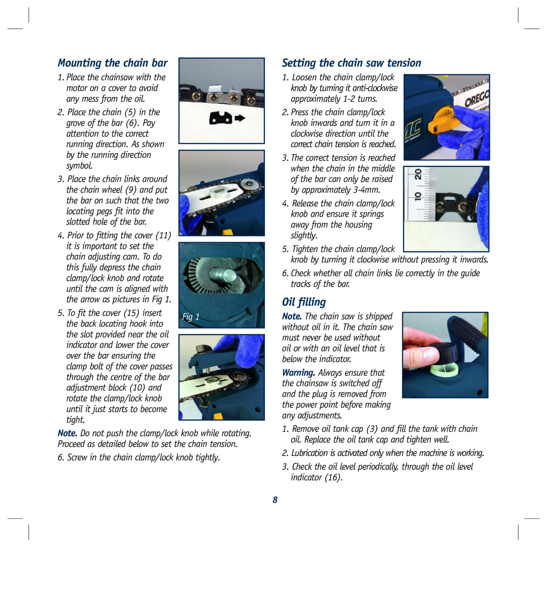 Global Machinery Company ELC2000 instruction manual Setting the chain saw tension, Oil filling, Mounting the chain bar 
