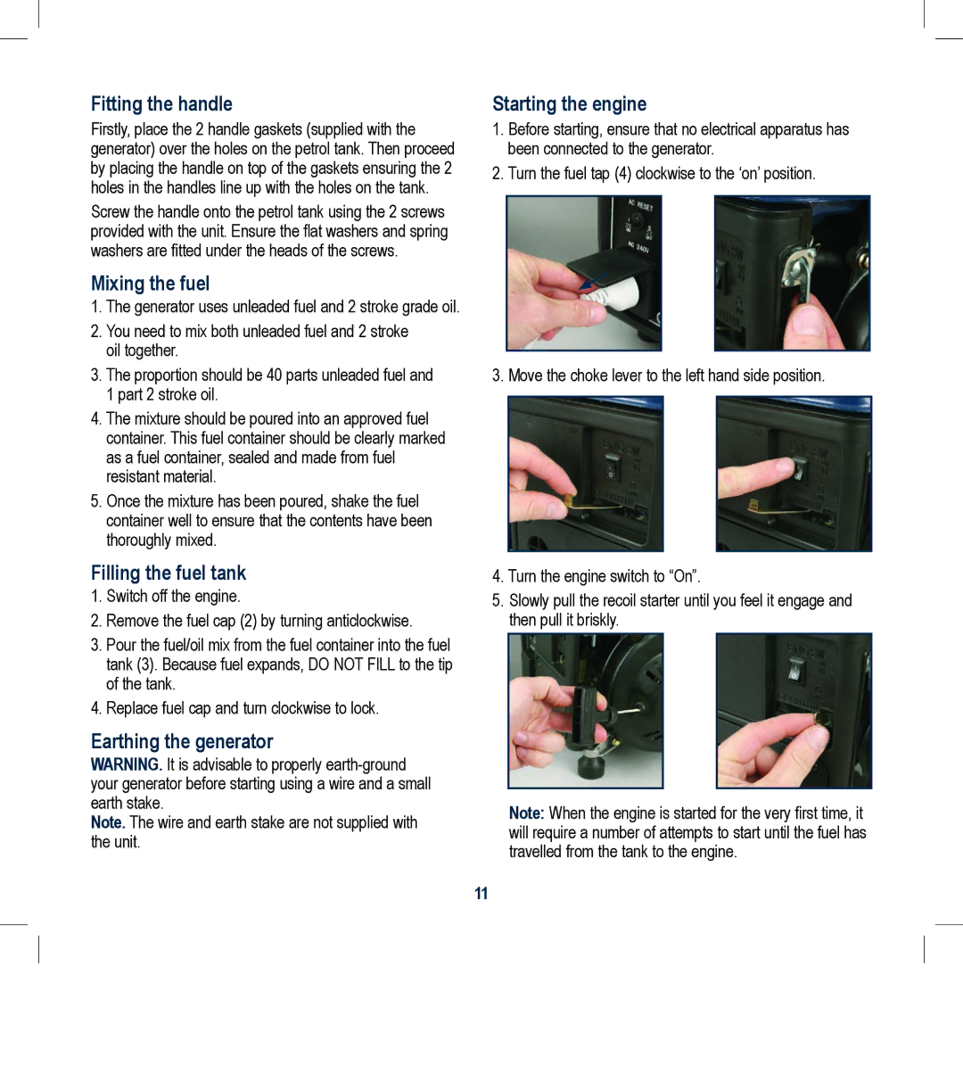 Global Machinery Company FCG001 instruction manual Fitting the handle, Mixing the fuel, Filling the fuel tank 