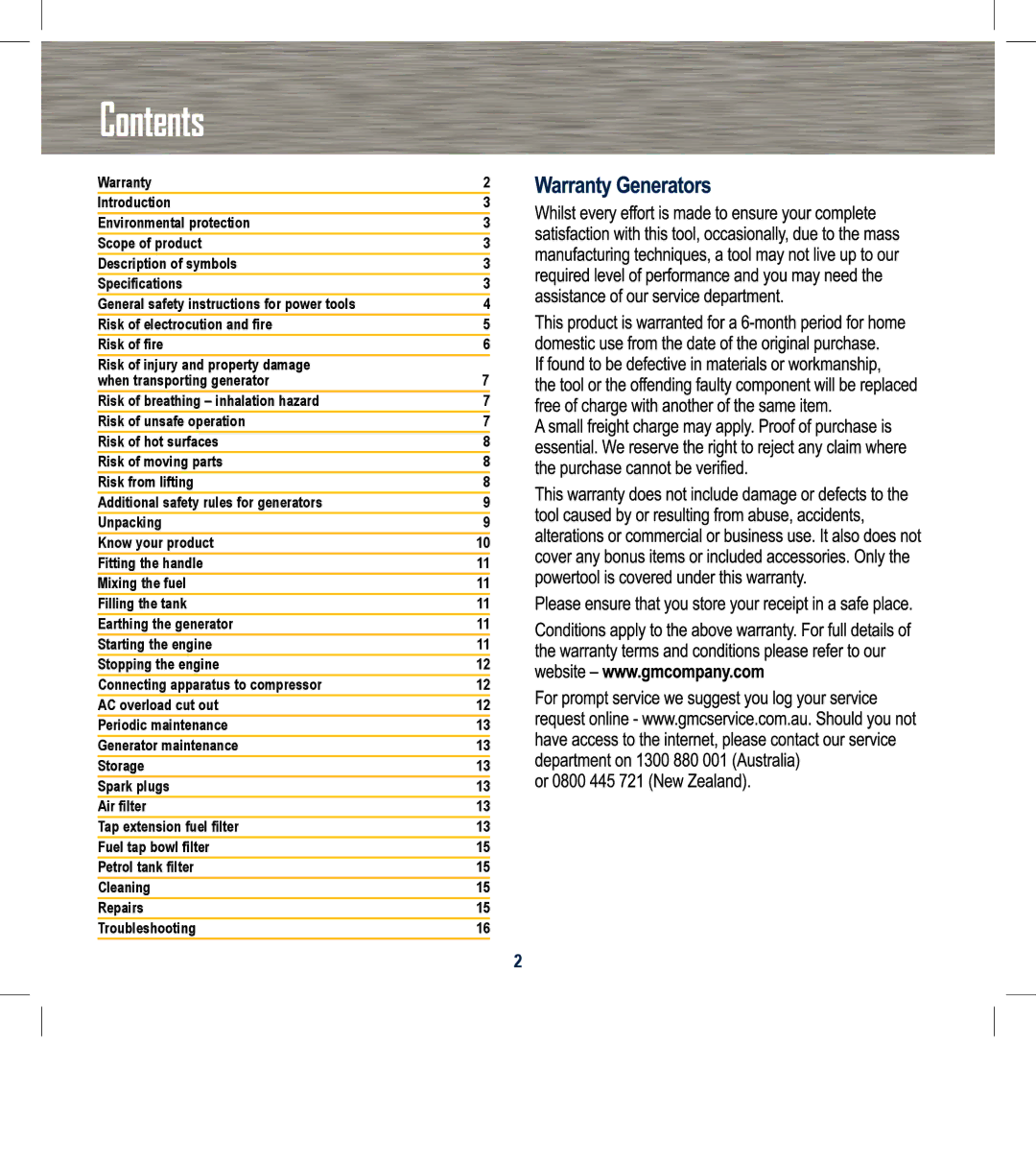 Global Machinery Company FCG001 instruction manual Contents 