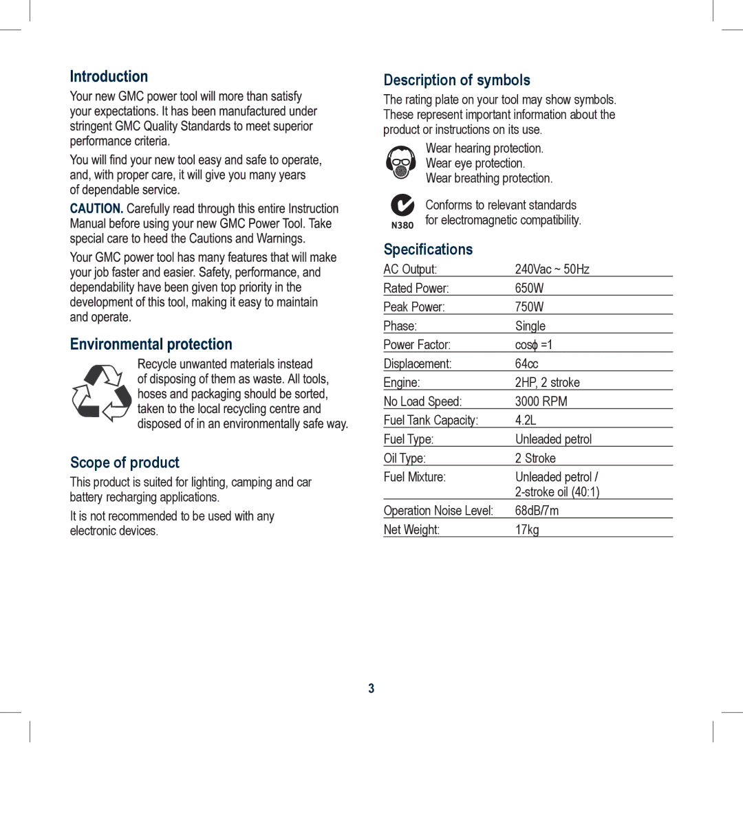 Global Machinery Company FCG001 instruction manual Scope of product, Description of symbols, Specifications 