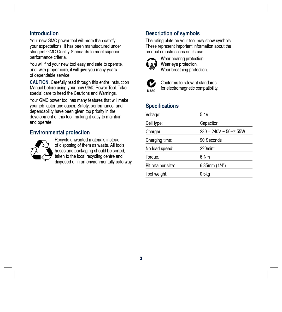 Global Machinery Company FQC54V Introduction, Environmental protection, Description of symbols, Specifications 