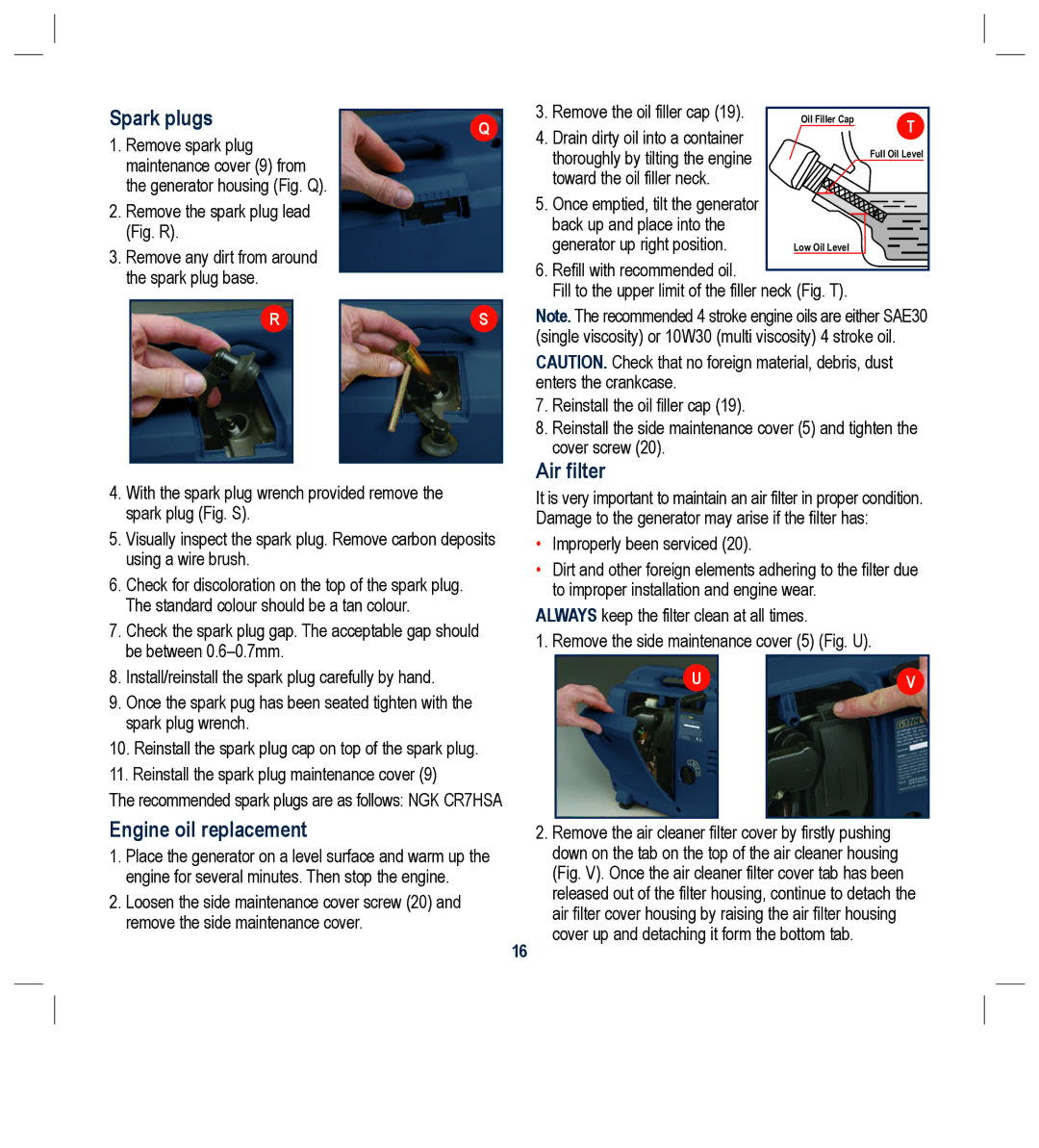 Global Machinery Company G25 instruction manual Spark plugs, Engine oil replacement, Air filter 