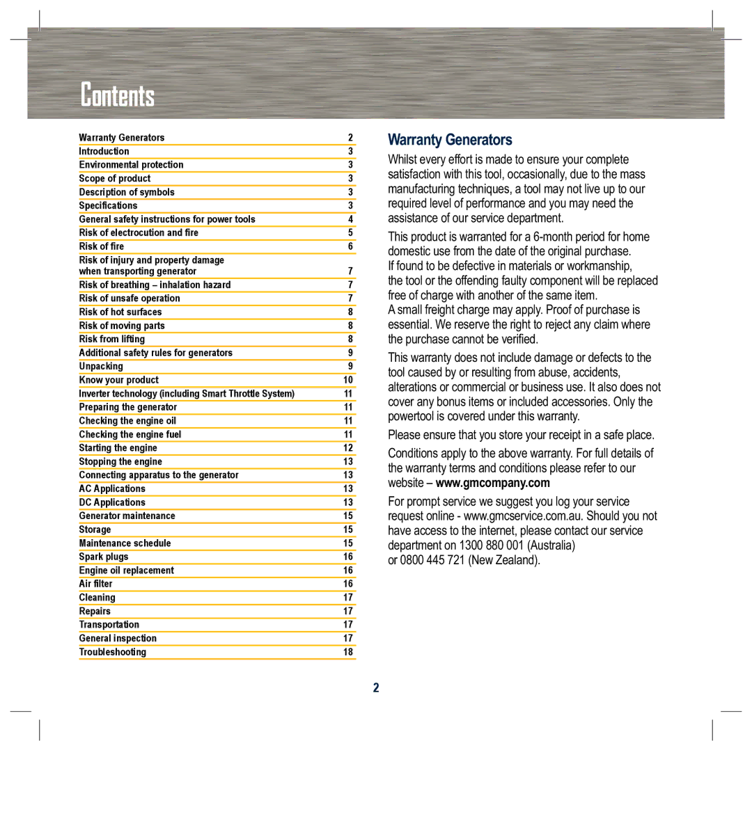 Global Machinery Company G25 instruction manual Contents 