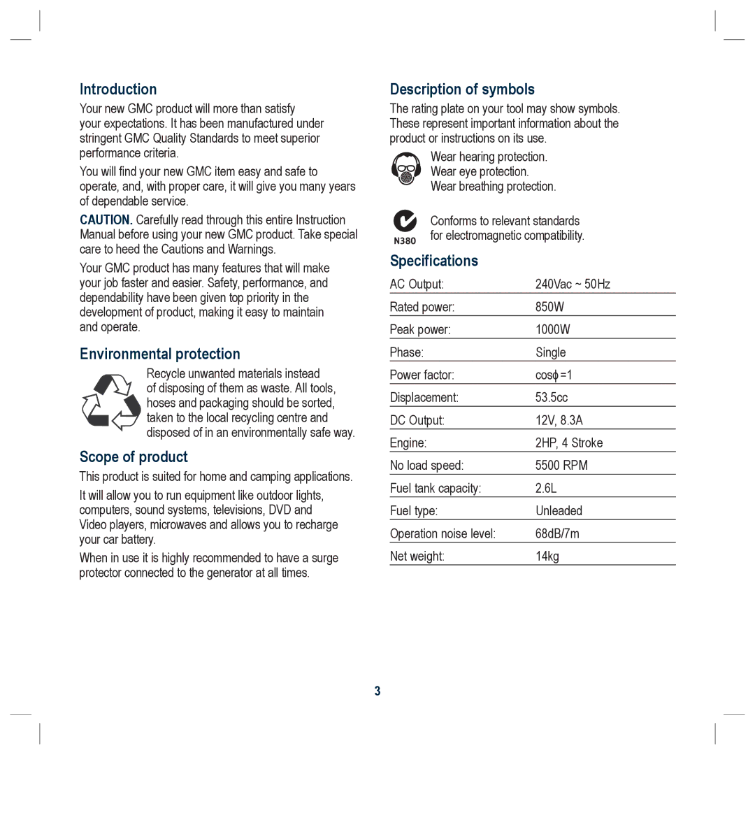 Global Machinery Company G25 Introduction, Environmental protection, Scope of product, Description of symbols 