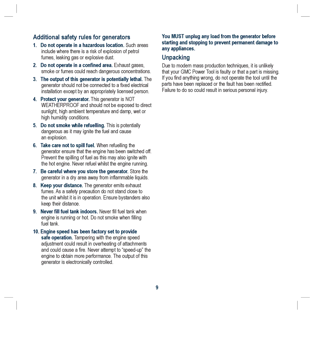 Global Machinery Company G25 instruction manual Additional safety rules for generators, Unpacking 