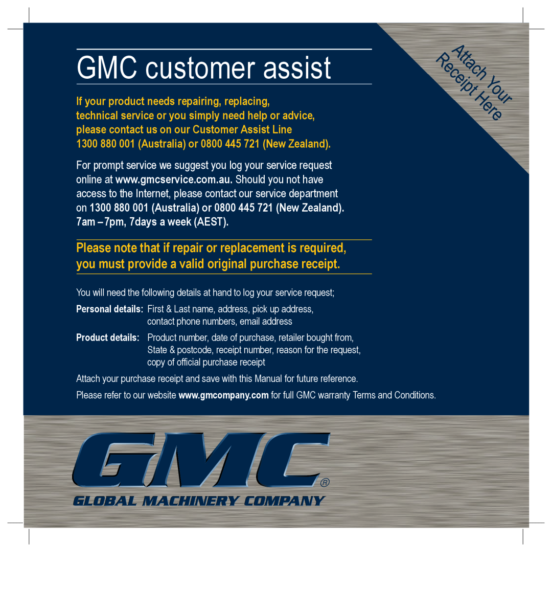 Global Machinery Company G25 instruction manual GMC customer assist, 1300 880 001 Australia or 0800 445 721 New Zealand 