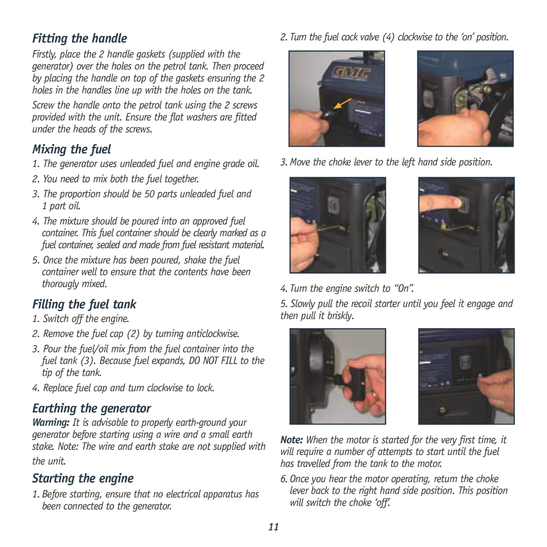 Global Machinery Company GEN Fitting the handle, Mixing the fuel, Filling the fuel tank, Earthing the generator 