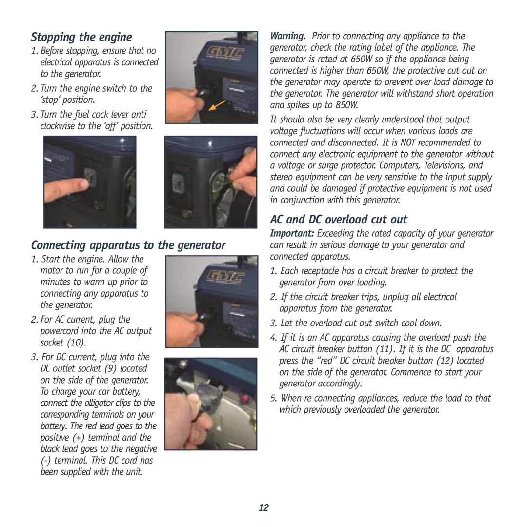 Global Machinery Company GEN Stopping the engine, Connecting apparatus to the generator, AC and DC overload cut out 