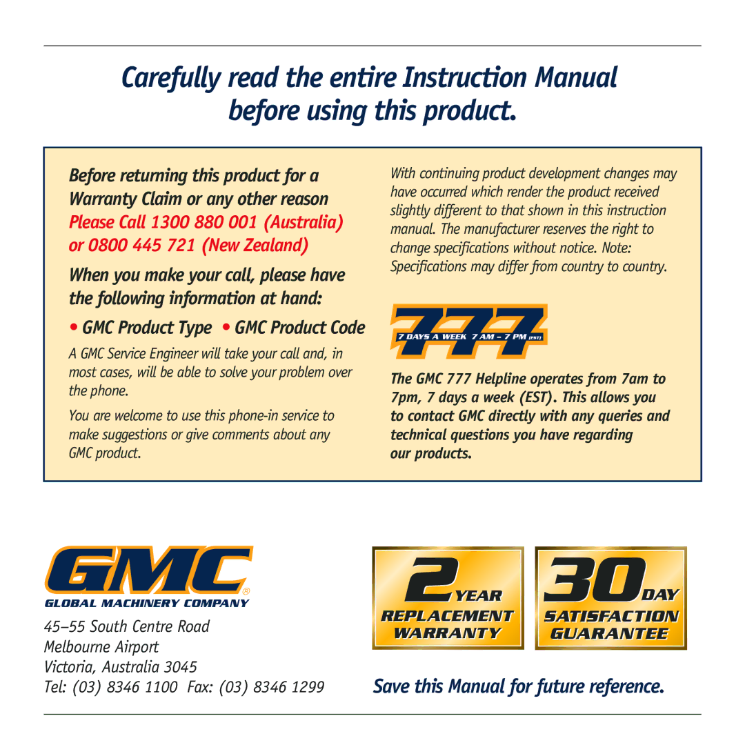 Global Machinery Company GEN instruction manual Save this Manual for future reference 