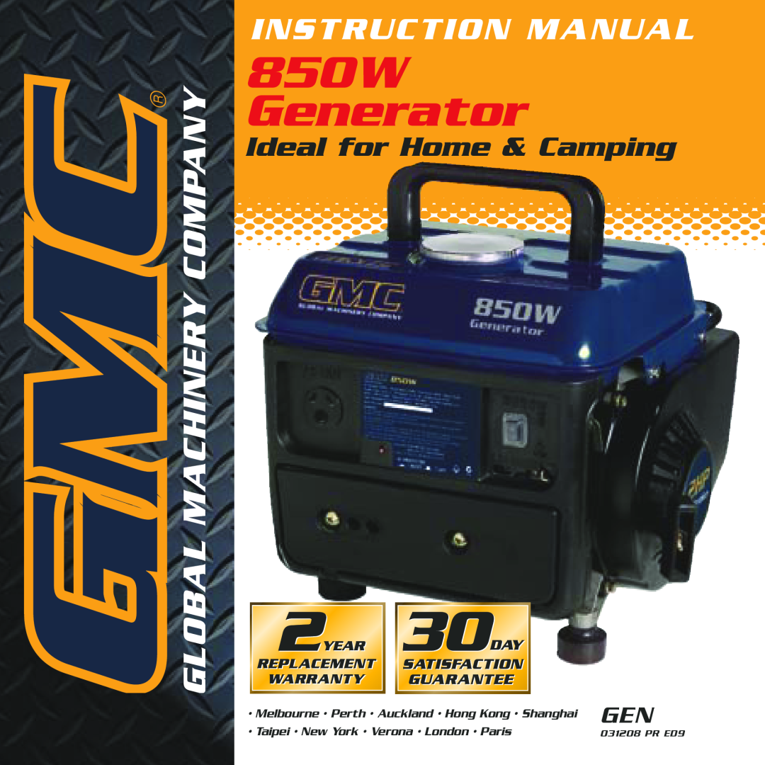 Global Machinery Company GEN instruction manual 850W Generator, Ideal for Home & Camping, PR ED9 