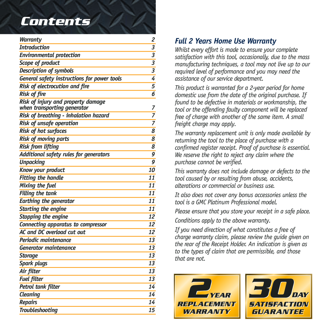Global Machinery Company GEN instruction manual Contents, Full 2 Years Home Use Warranty 