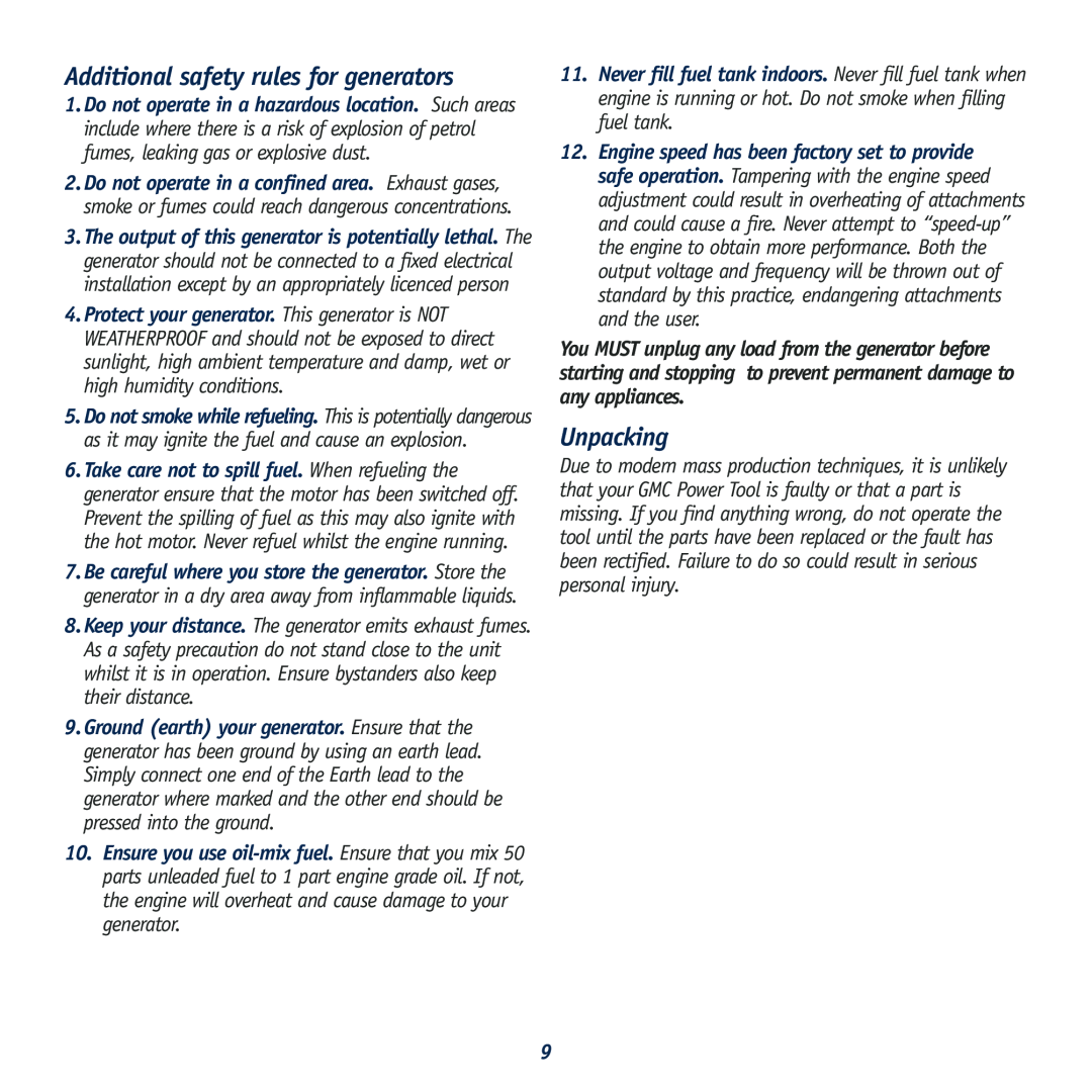 Global Machinery Company GEN instruction manual Additional safety rules for generators, Unpacking 
