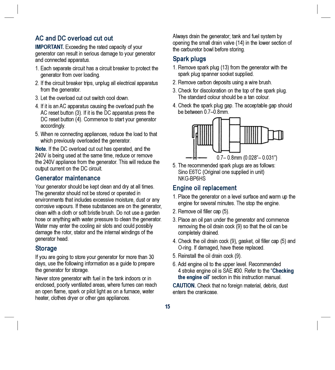 Global Machinery Company GEN1000 instruction manual AC and DC overload cut out, Generator maintenance, Storage, Spark plugs 