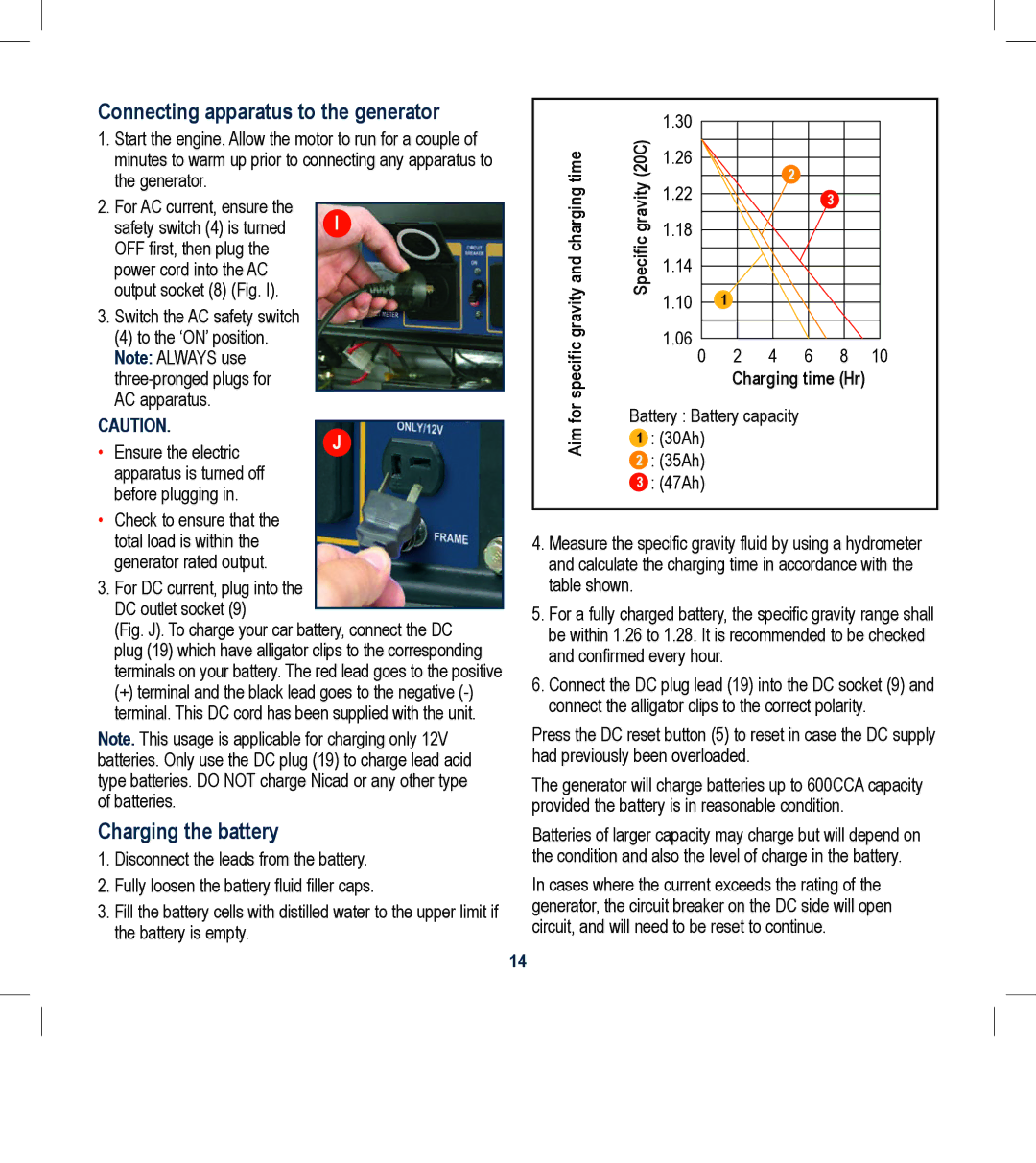 Global Machinery Company GEN2300ES instruction manual Connecting apparatus to the generator, Charging the battery 