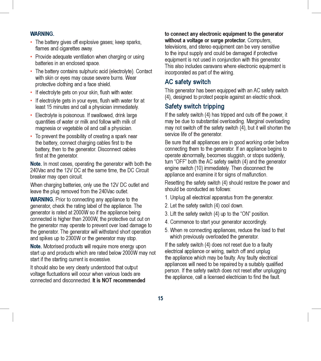 Global Machinery Company GEN2300ES instruction manual AC safety switch, Safety switch tripping 