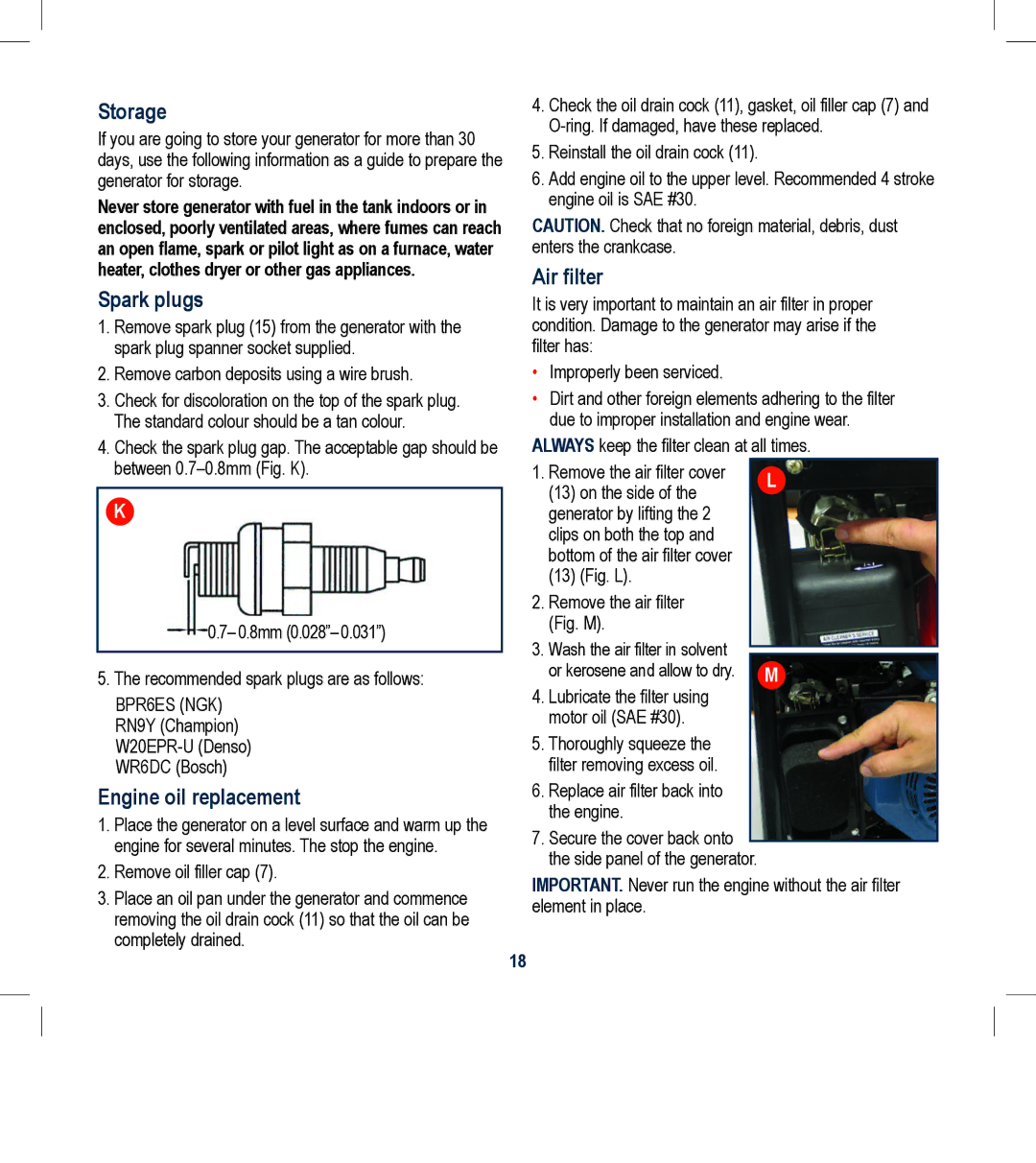 Global Machinery Company GEN2300ES instruction manual Storage, Spark plugs, Engine oil replacement, Air filter 