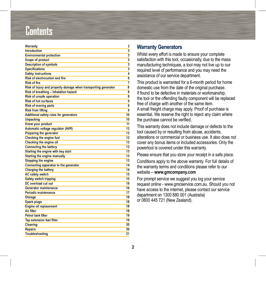 Global Machinery Company GEN2300ES instruction manual Contents 