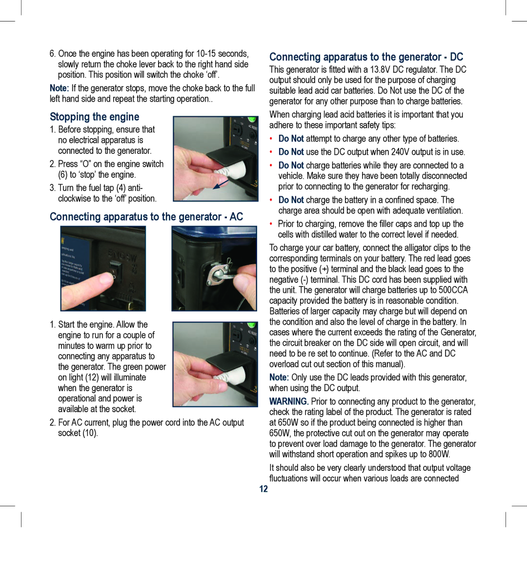 Global Machinery Company GEN800 instruction manual Stopping the engine, Connecting apparatus to the generator AC 