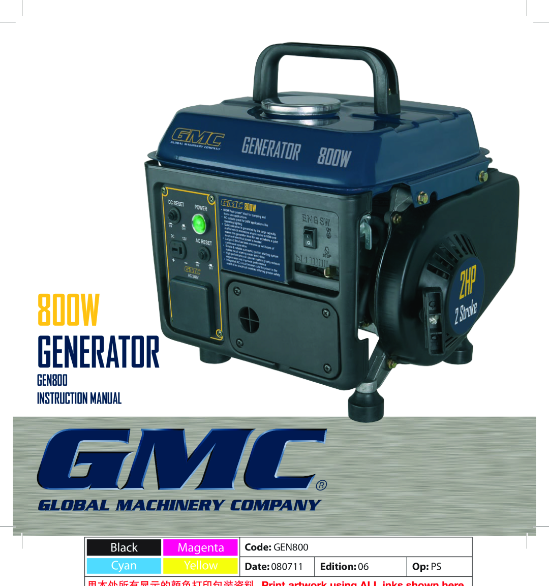 Global Machinery Company instruction manual Code GEN800, Date, Edition, Op PS, 800W GENERATOR 
