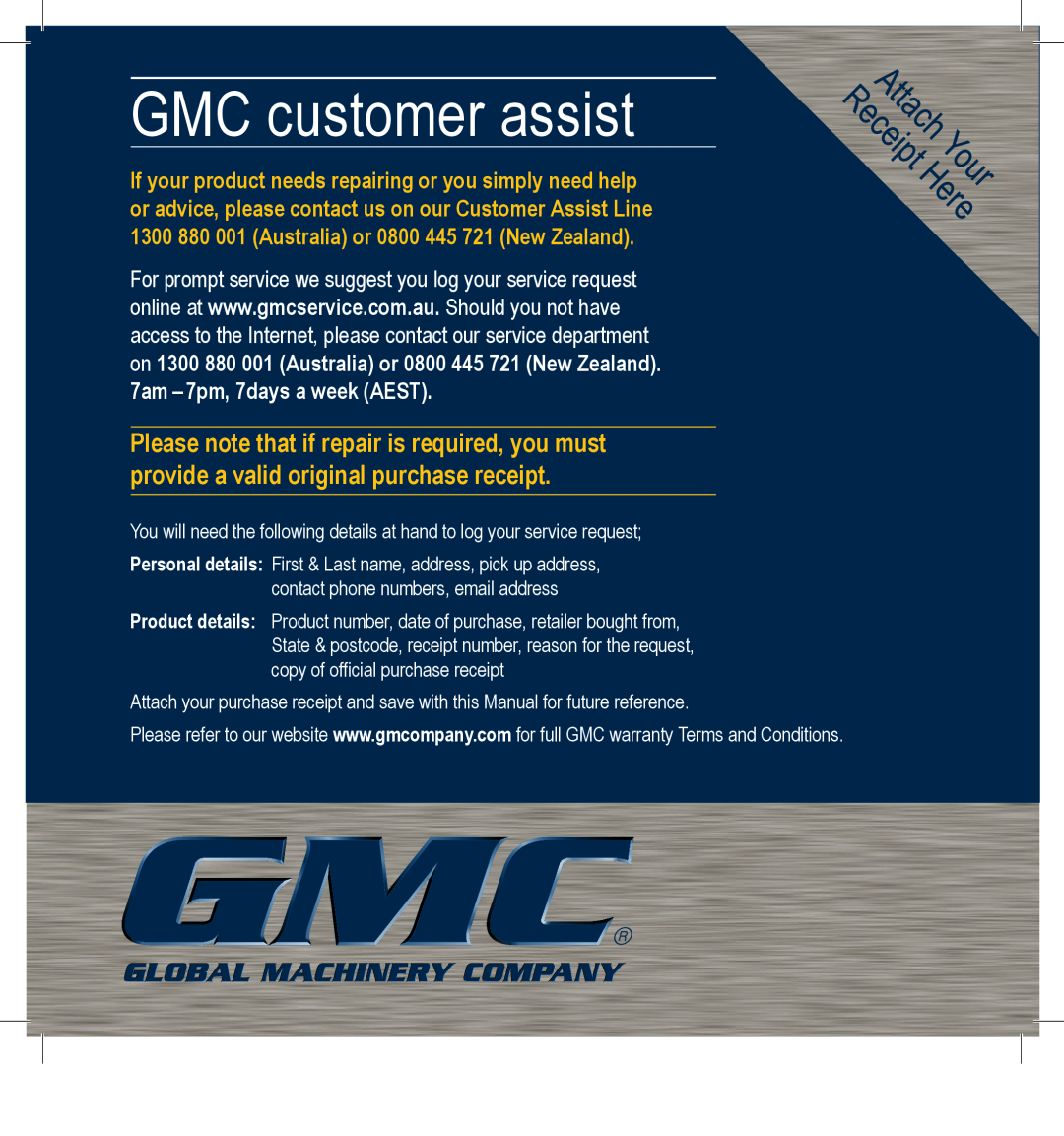 Global Machinery Company GEN800 instruction manual GMC customer assist 