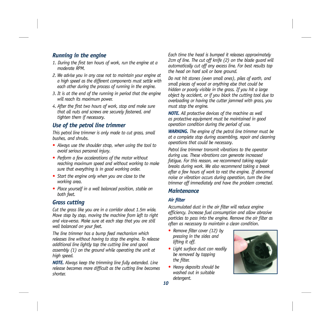 Global Machinery Company GLT25 instruction manual Running in the engine, Air filter 