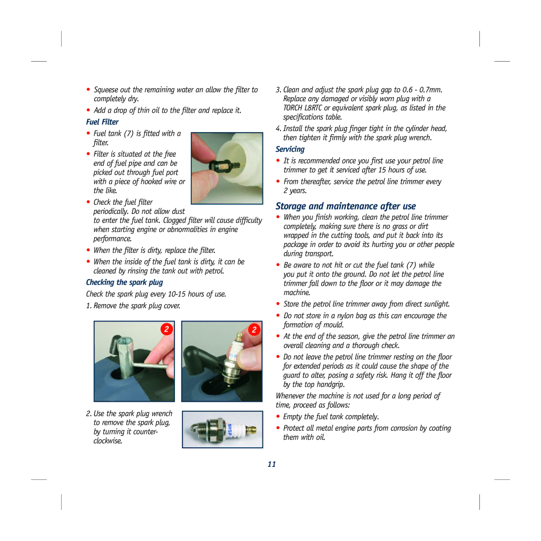 Global Machinery Company GLT25 Storage and maintenance after use, Fuel Filter, Checking the spark plug, Servicing 