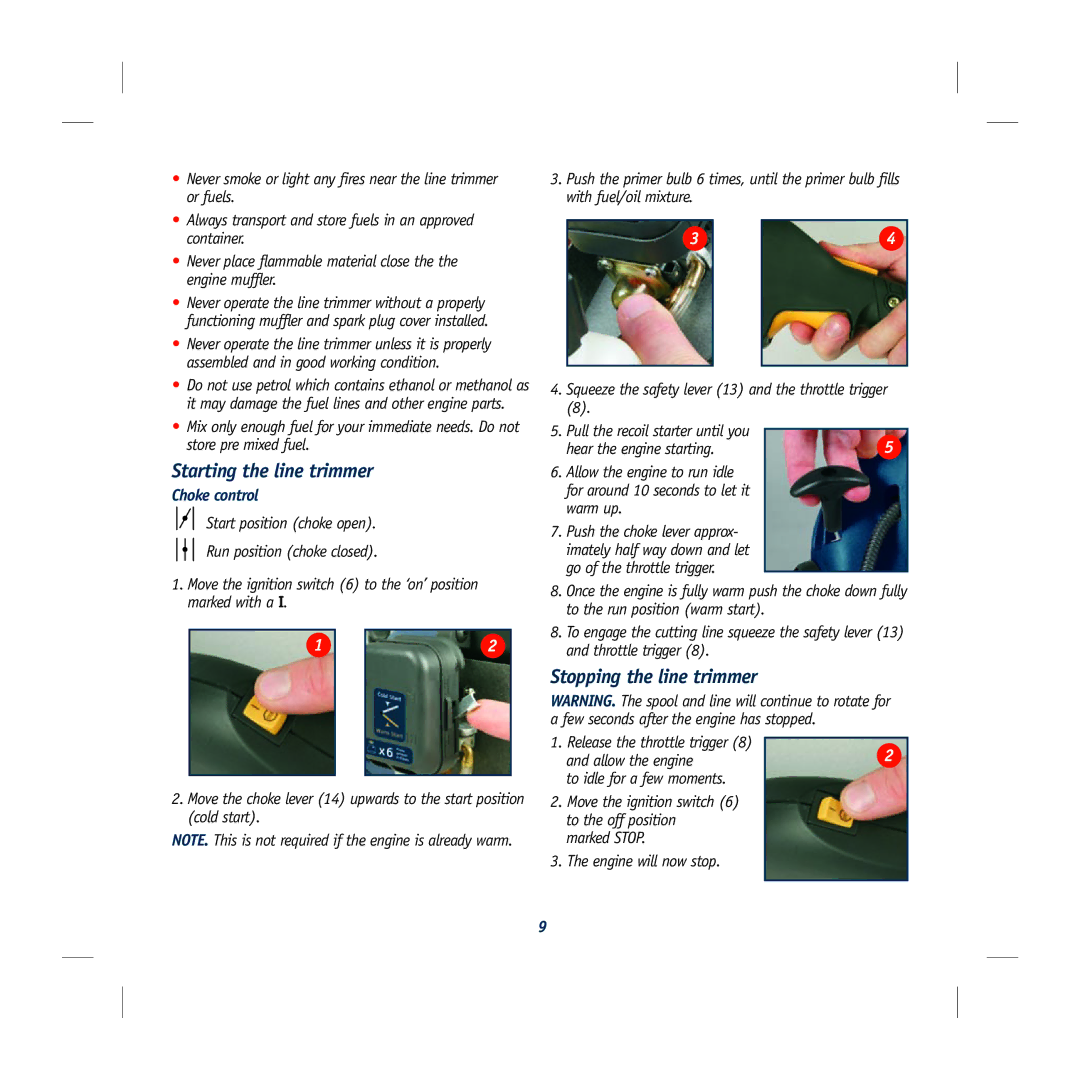 Global Machinery Company GLT25 instruction manual Starting the line trimmer, Stopping the line trimmer 