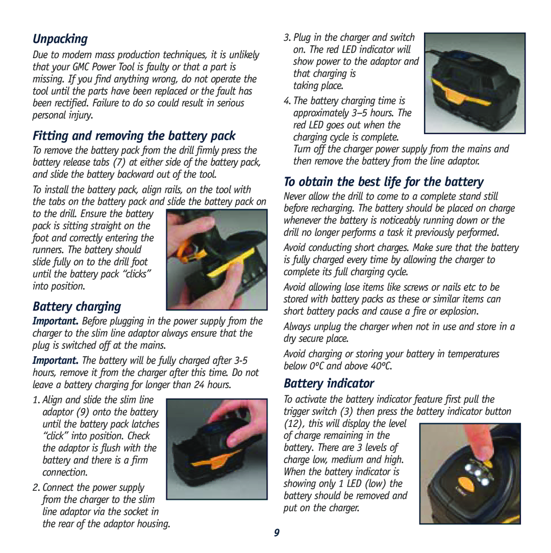 Global Machinery Company GTX2450K Unpacking, Fitting and removing the battery pack, Battery charging, Battery indicator 