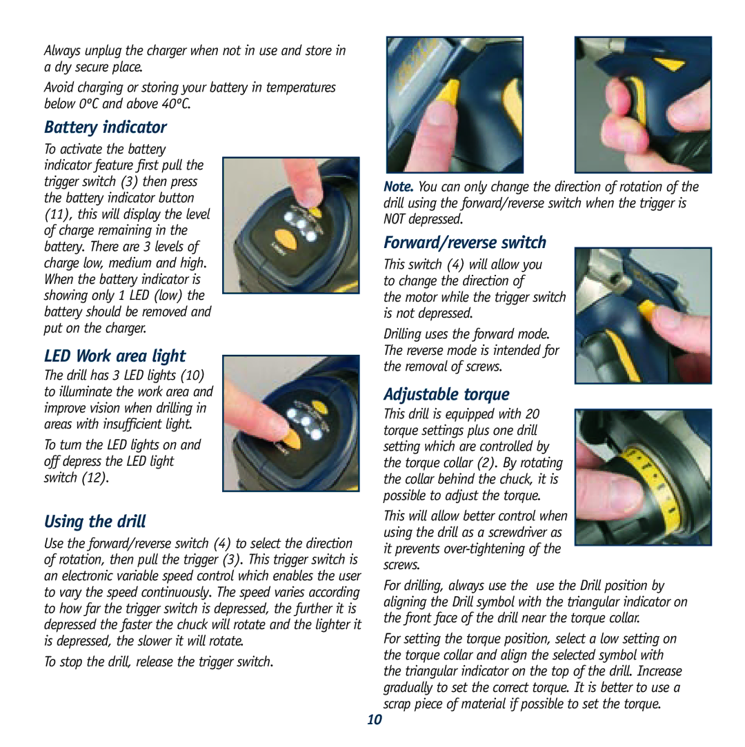 Global Machinery Company GTX24250 Battery indicator, LED Work area light, Using the drill, Forward/reverse switch 