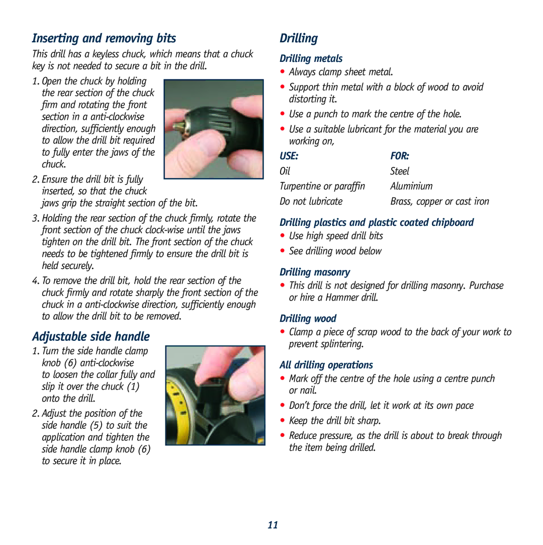 Global Machinery Company GTX18250, GTX24250 instruction manual Inserting and removing bits, Adjustable side handle, Drilling 