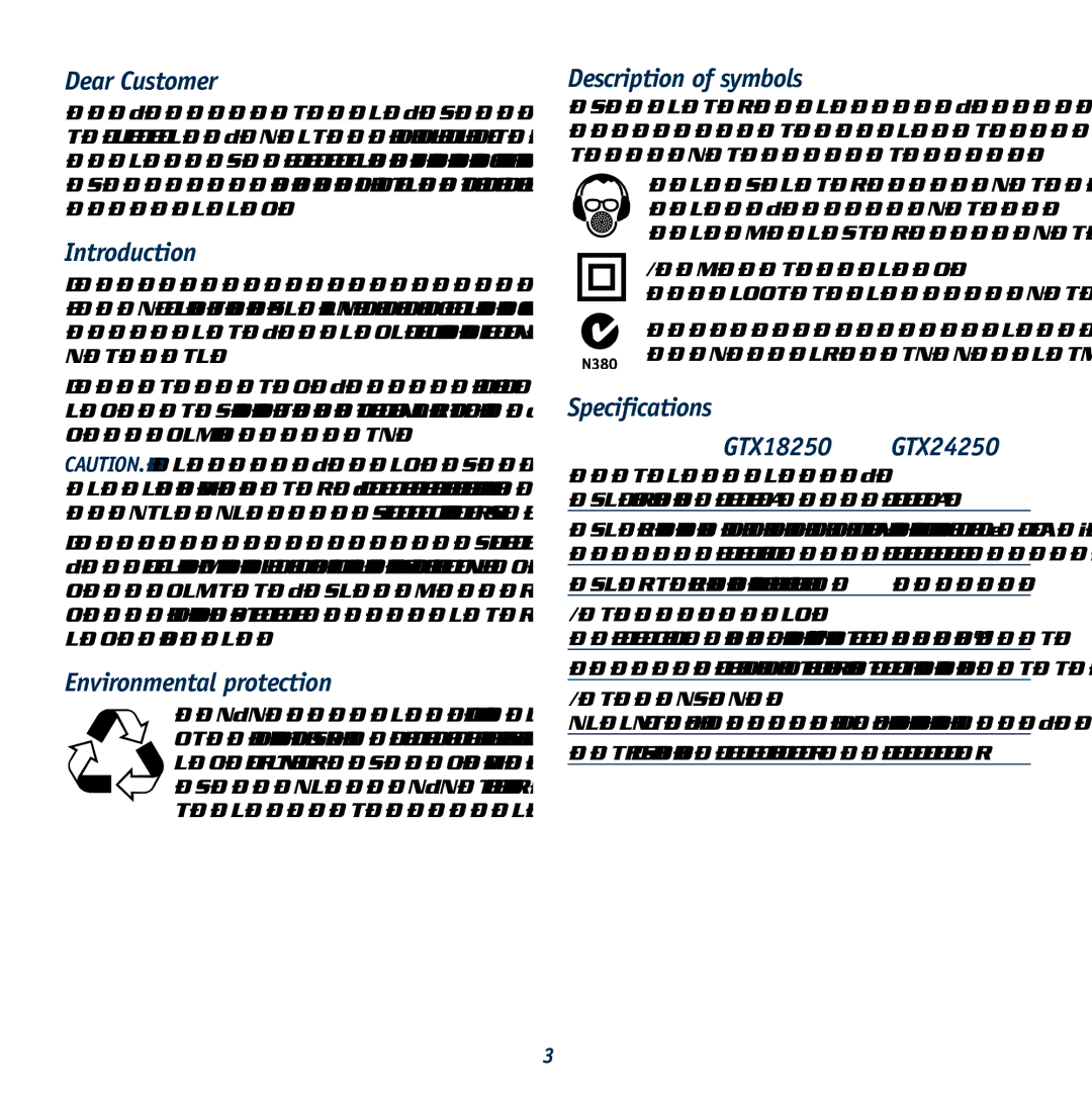 Global Machinery Company GTX18250, GTX24250 Dear Customer, Introduction, Environmental protection, Description of symbols 