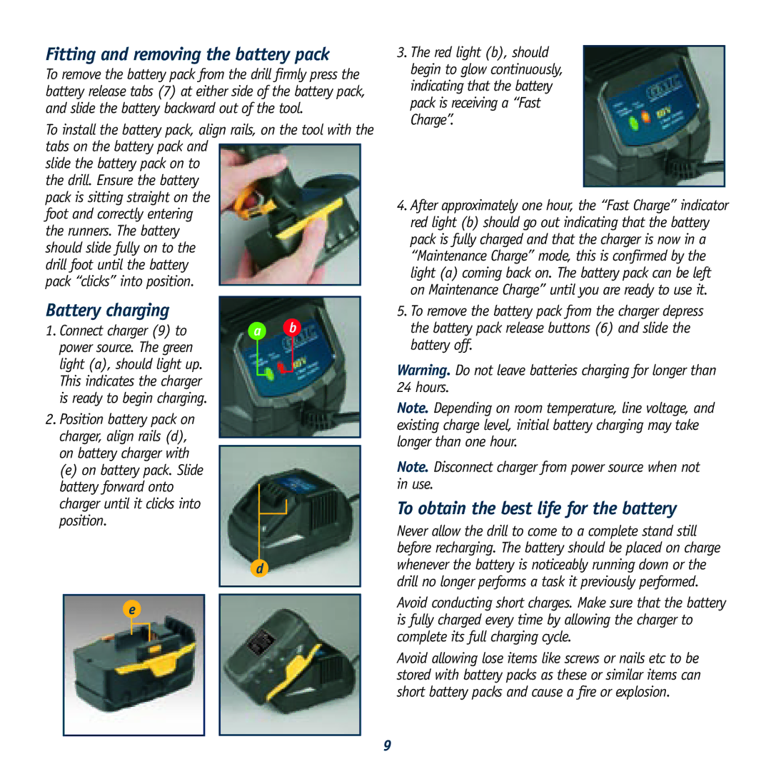 Global Machinery Company GTX18250, GTX24250 instruction manual Fitting and removing the battery pack, Battery charging 