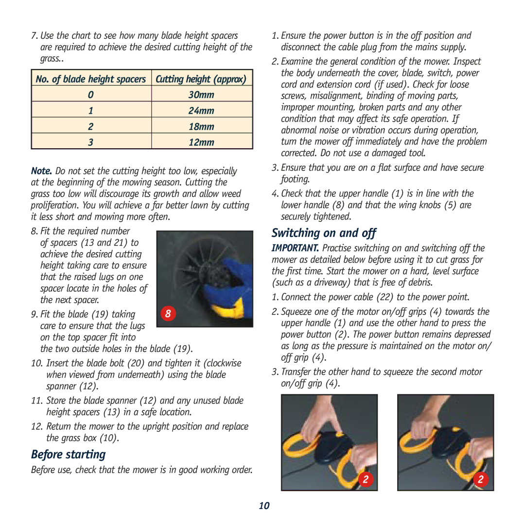 Global Machinery Company HC1500 Before starting, Switching on and off, Connect the power cable 22 to the power point 