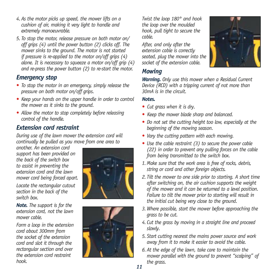 Global Machinery Company HC1500 instruction manual Emergency stop, Extension cord restraint, Mowing, Grass 
