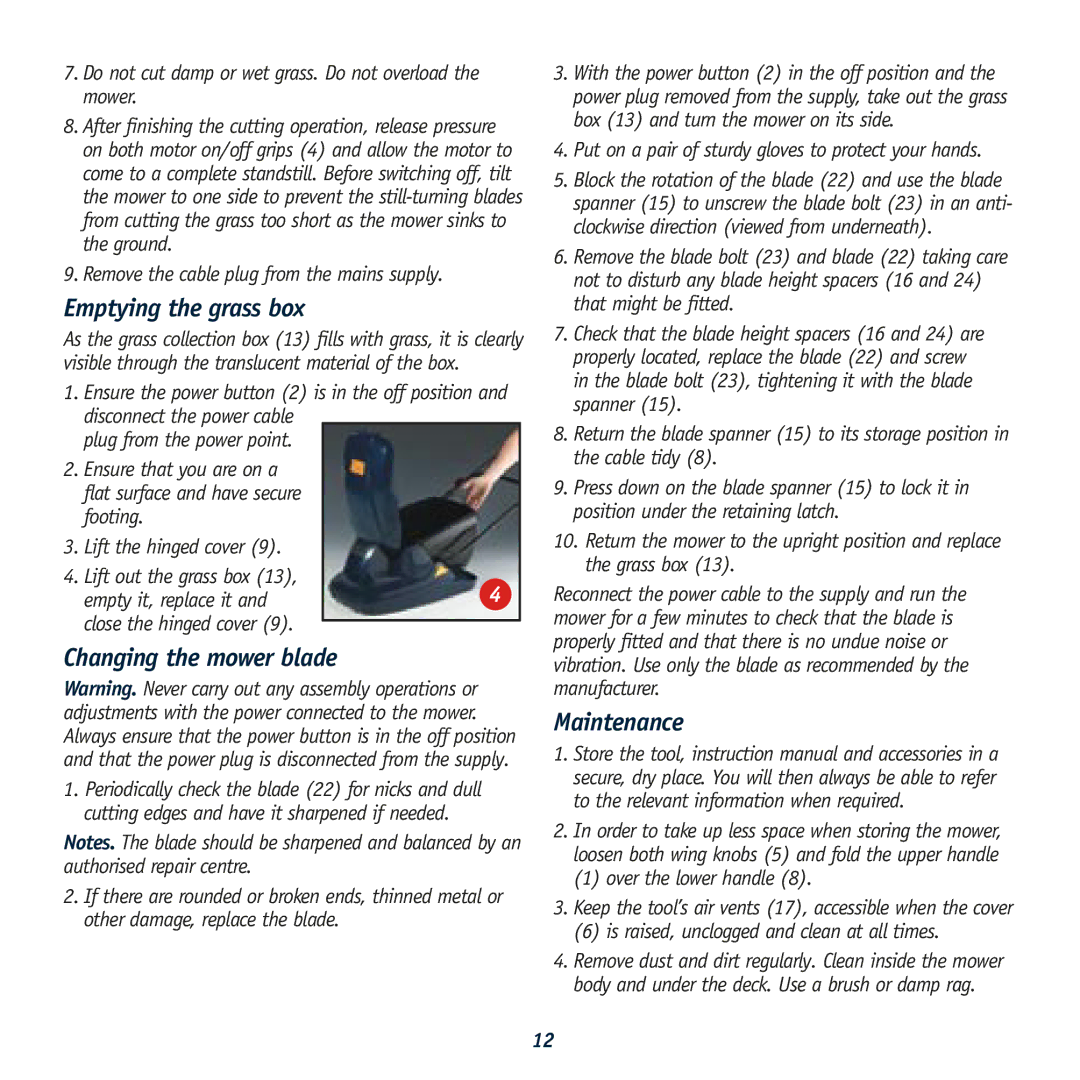 Global Machinery Company HC1500 instruction manual Emptying the grass box, Changing the mower blade, Maintenance 