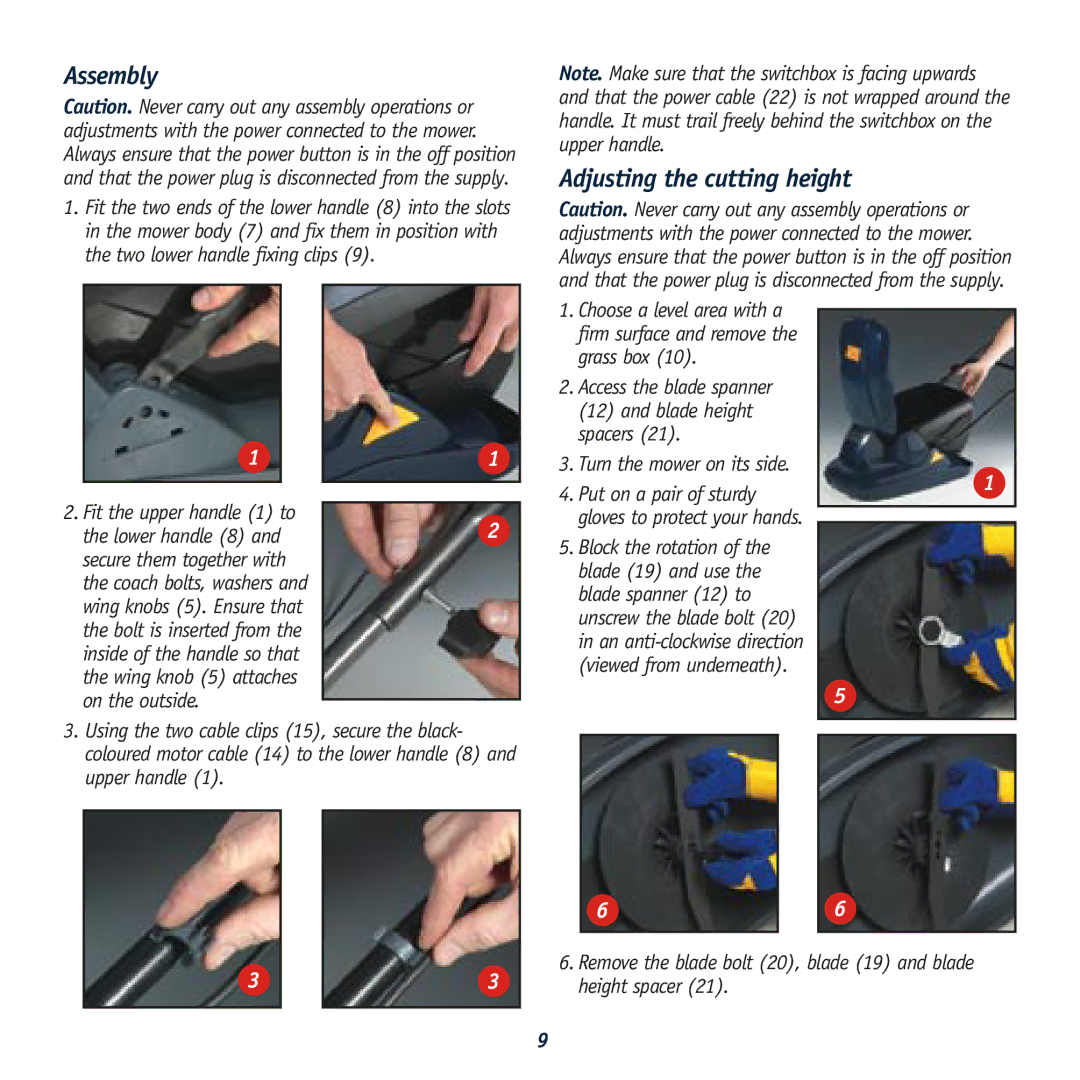 Global Machinery Company HC1500 instruction manual Assembly, Adjusting the cutting height 