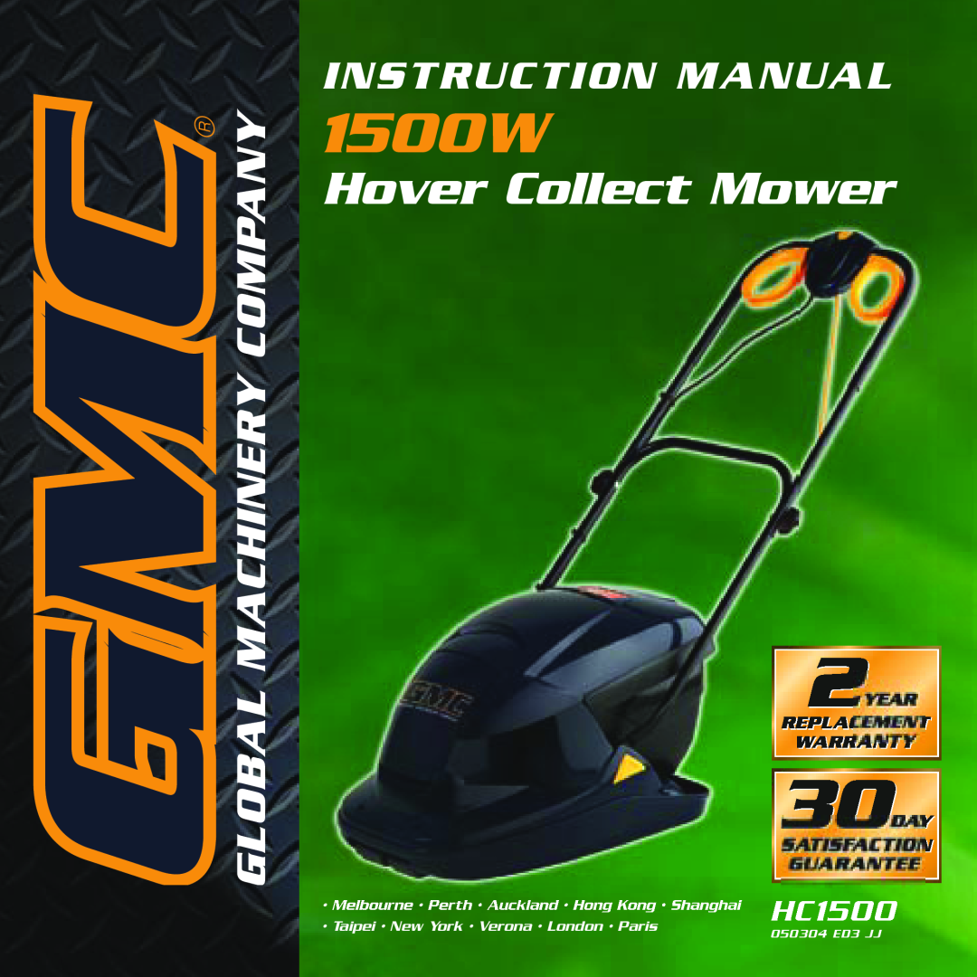 Global Machinery Company HC1500 instruction manual 1500W, Hover Collect Mower, Taipei New York Verona London Paris 