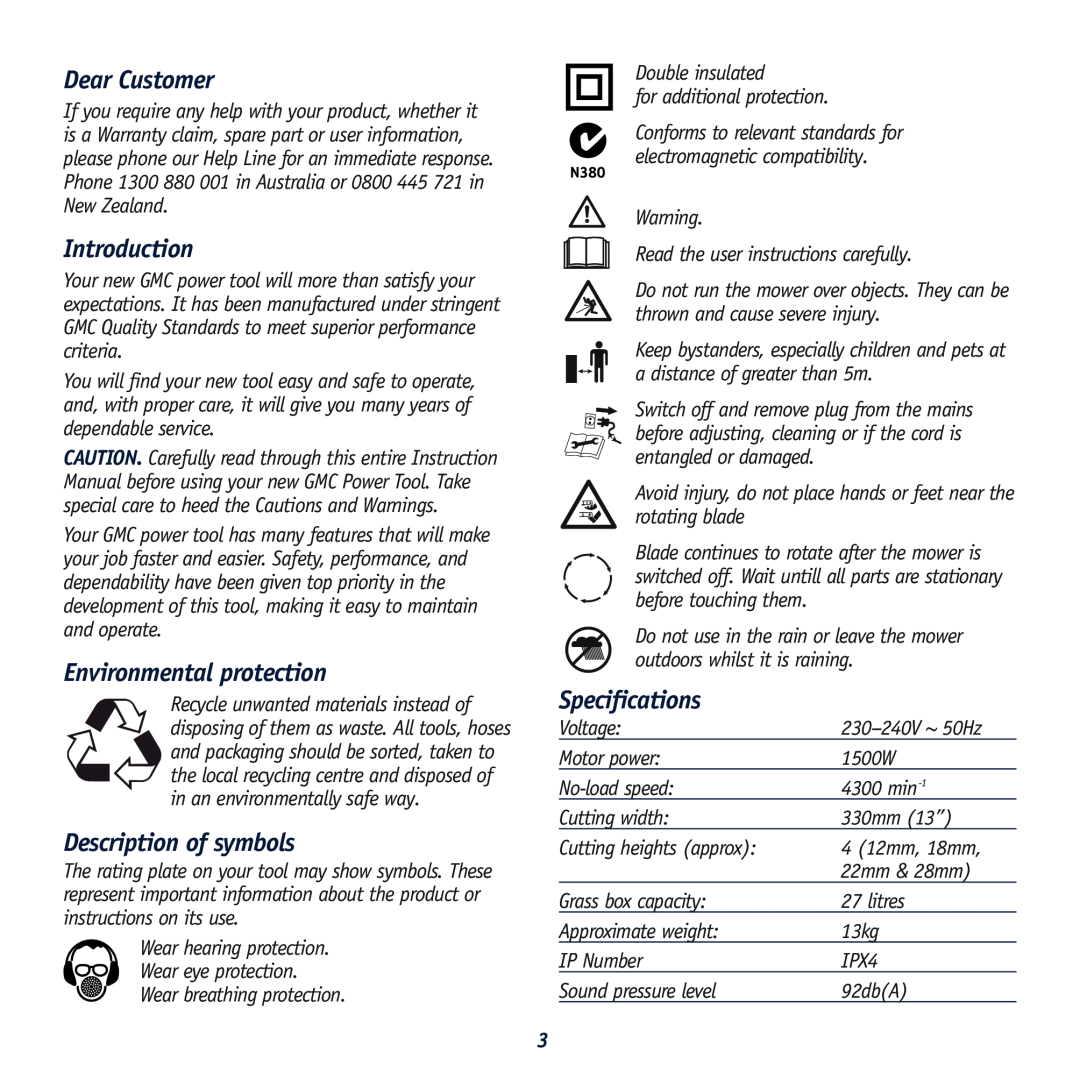 Global Machinery Company HC1500 Dear Customer, Introduction, Environmental protection, Description of symbols 