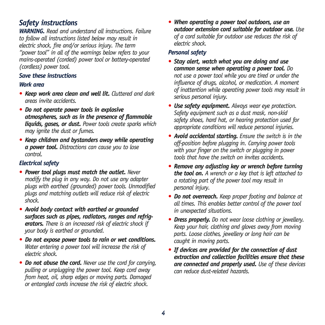 Global Machinery Company HC1500 Safety instructions, Save these instructions Work area, Electrical safety, Personal safety 