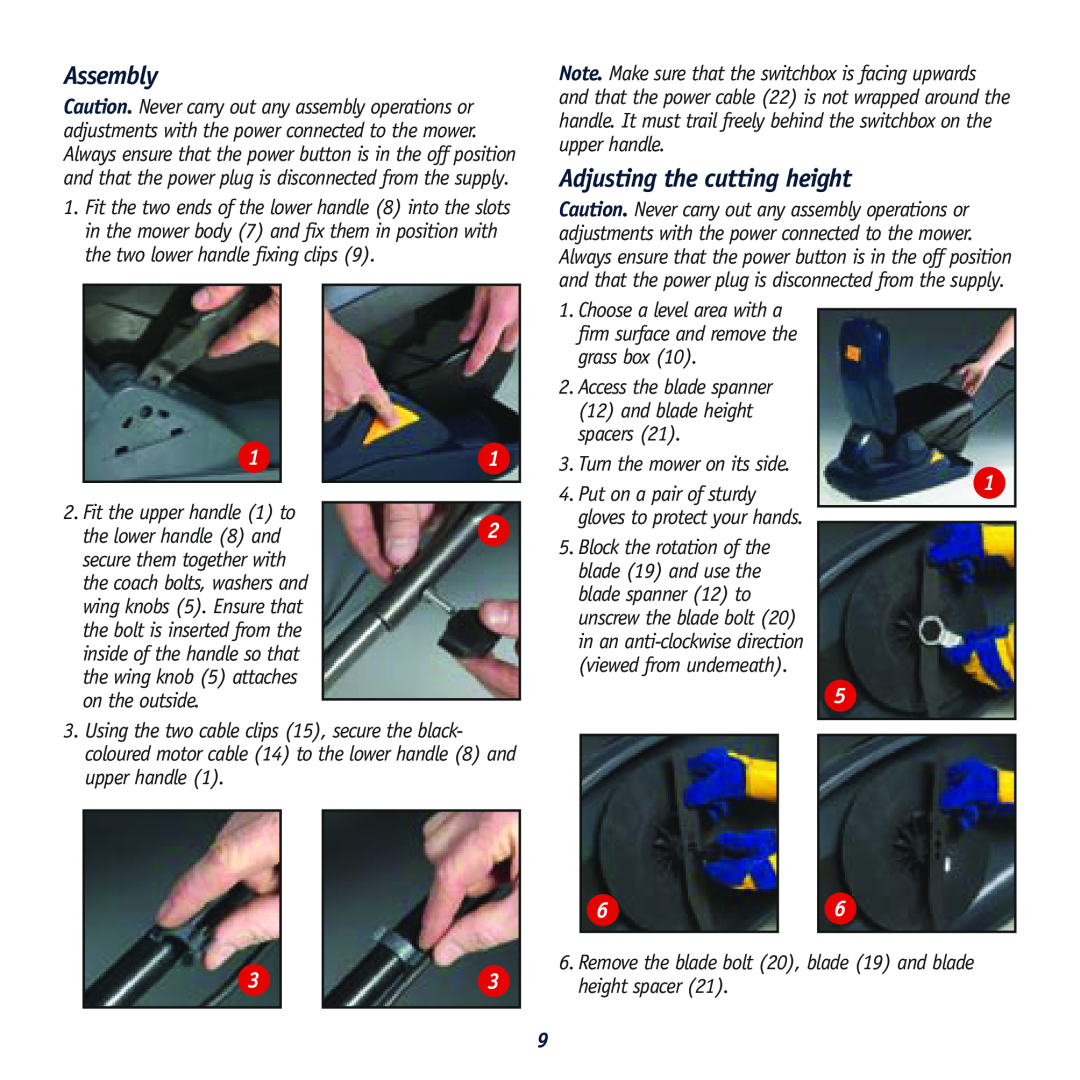 Global Machinery Company HC1500 instruction manual Assembly, Adjusting the cutting height, Turn the mower on its side 