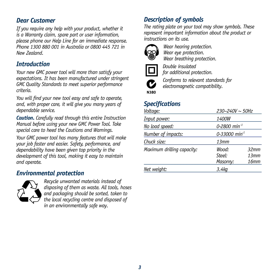 Global Machinery Company HD1400K Dear Customer, Introduction, Environmental protection, Description of symbols 