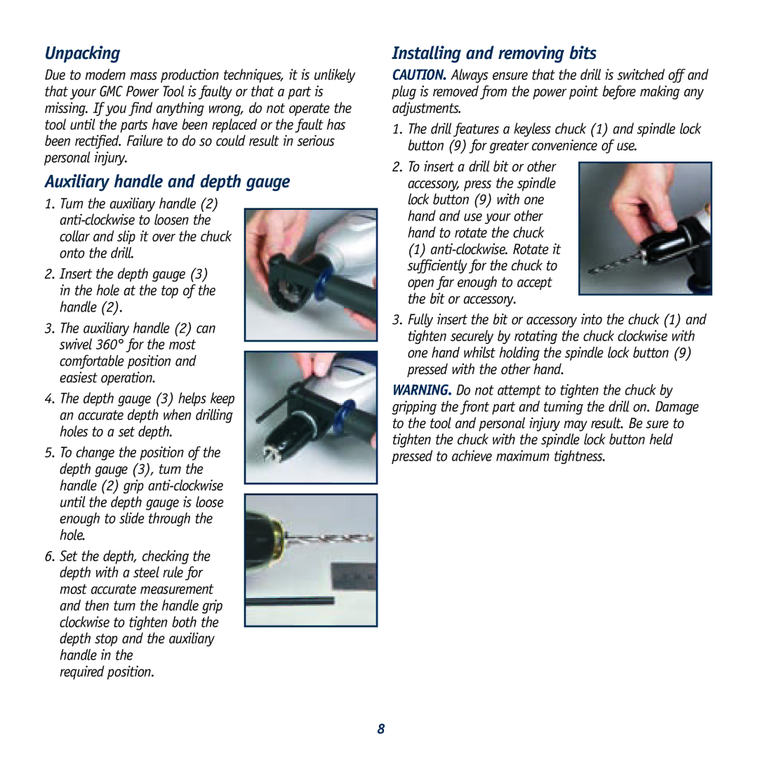 Global Machinery Company HD1400K Unpacking, Auxiliary handle and depth gauge, Installing and removing bits 