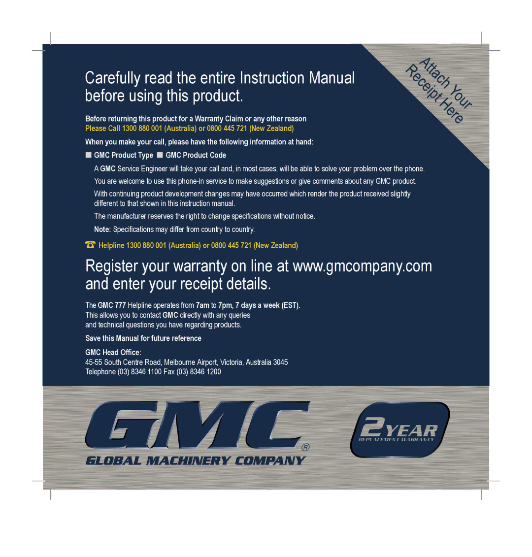 Global Machinery Company HD2G250M instruction manual Save this Manual for future reference GMC Head Office 