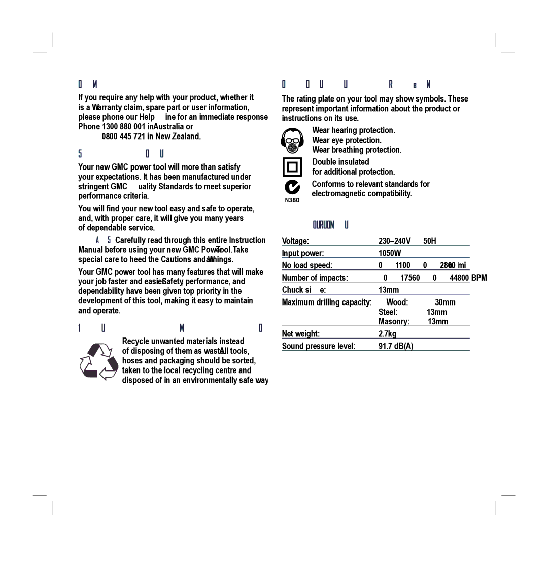 Global Machinery Company HD2G250M Dear Customer, Introduction, Environmental protection, Description of symbols 