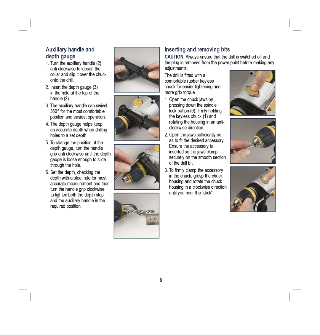 Global Machinery Company HD2G250M instruction manual Auxiliary handle and depth gauge, Inserting and removing bits 