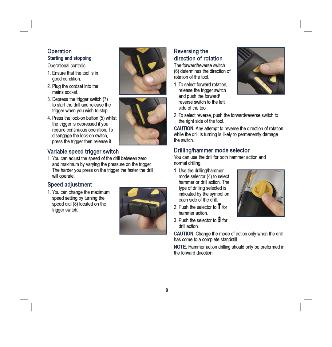 Global Machinery Company HD2G250M instruction manual Operation, Variable speed trigger switch, Speed adjustment 