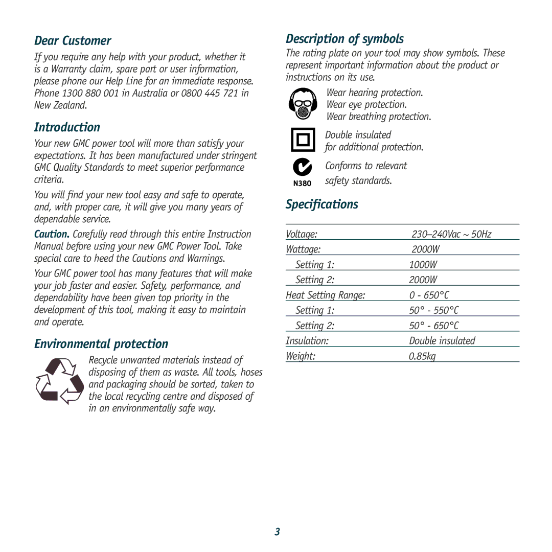 Global Machinery Company HG2000K Dear Customer, Introduction, Environmental protection, Description of symbols 