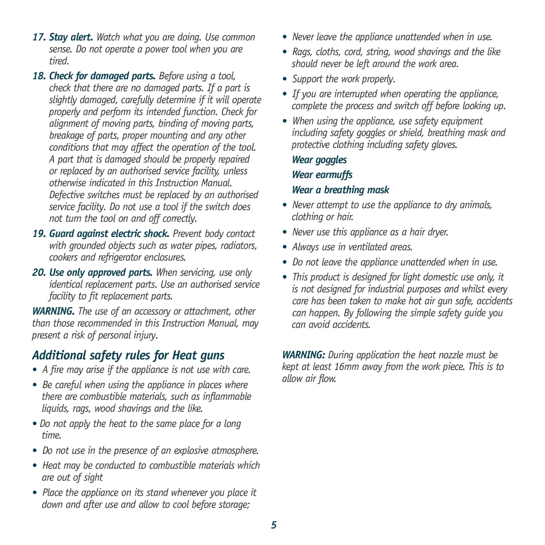 Global Machinery Company HG2000K instruction manual Additional safety rules for Heat guns, Wear a breathing mask 