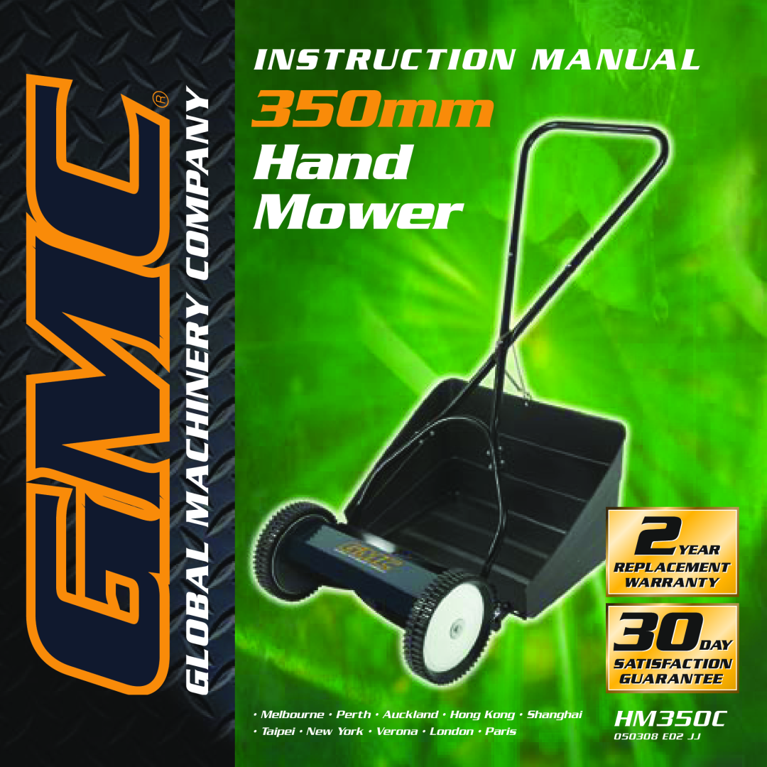 Global Machinery Company HM 350C instruction manual 350mm, Hand Mower, HM350C, Melbourne Perth Auckland Hong Kong Shanghai 