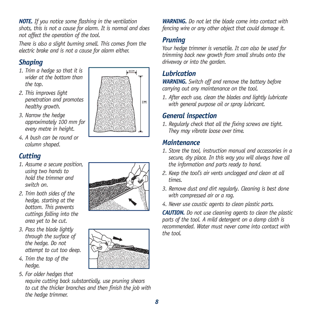 Global Machinery Company HT18V instruction manual Shaping, Cutting, Pruning, Lubrication, General inspection, Maintenance 